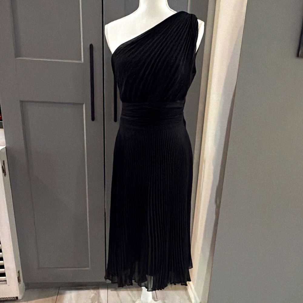 Maggy London Black One Shoulder Pleated Chiffon Sheath Dress Size 12